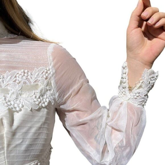Vintage 1970s White Long Sleeve Lace Boho Prairie Hippy Maxi Wedding Dress Sz XS - Picture 8 of 10